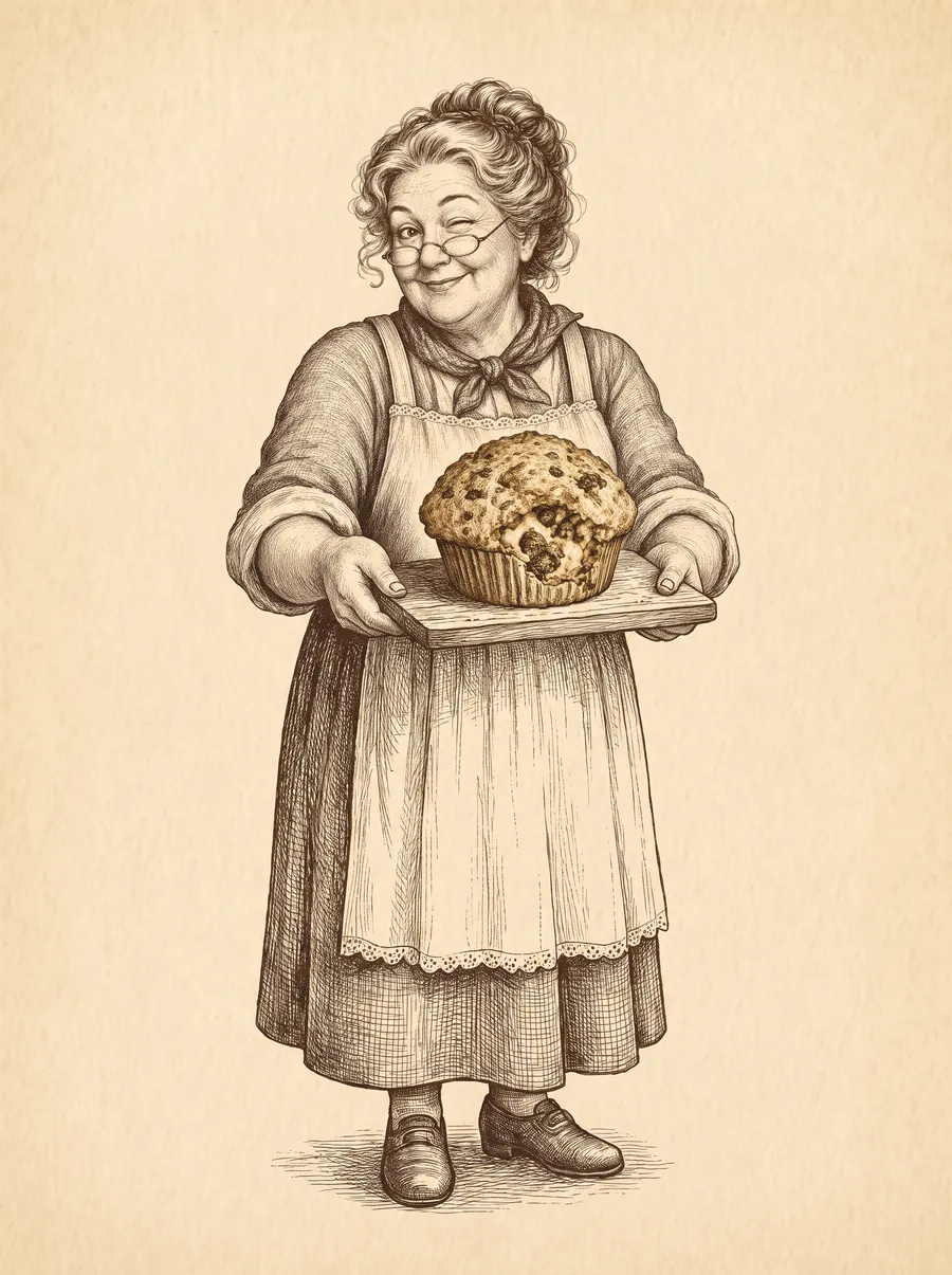 Mrs. Stuffins, a warm winking grandmother baker in an apron holding a tray of stuffed muffins