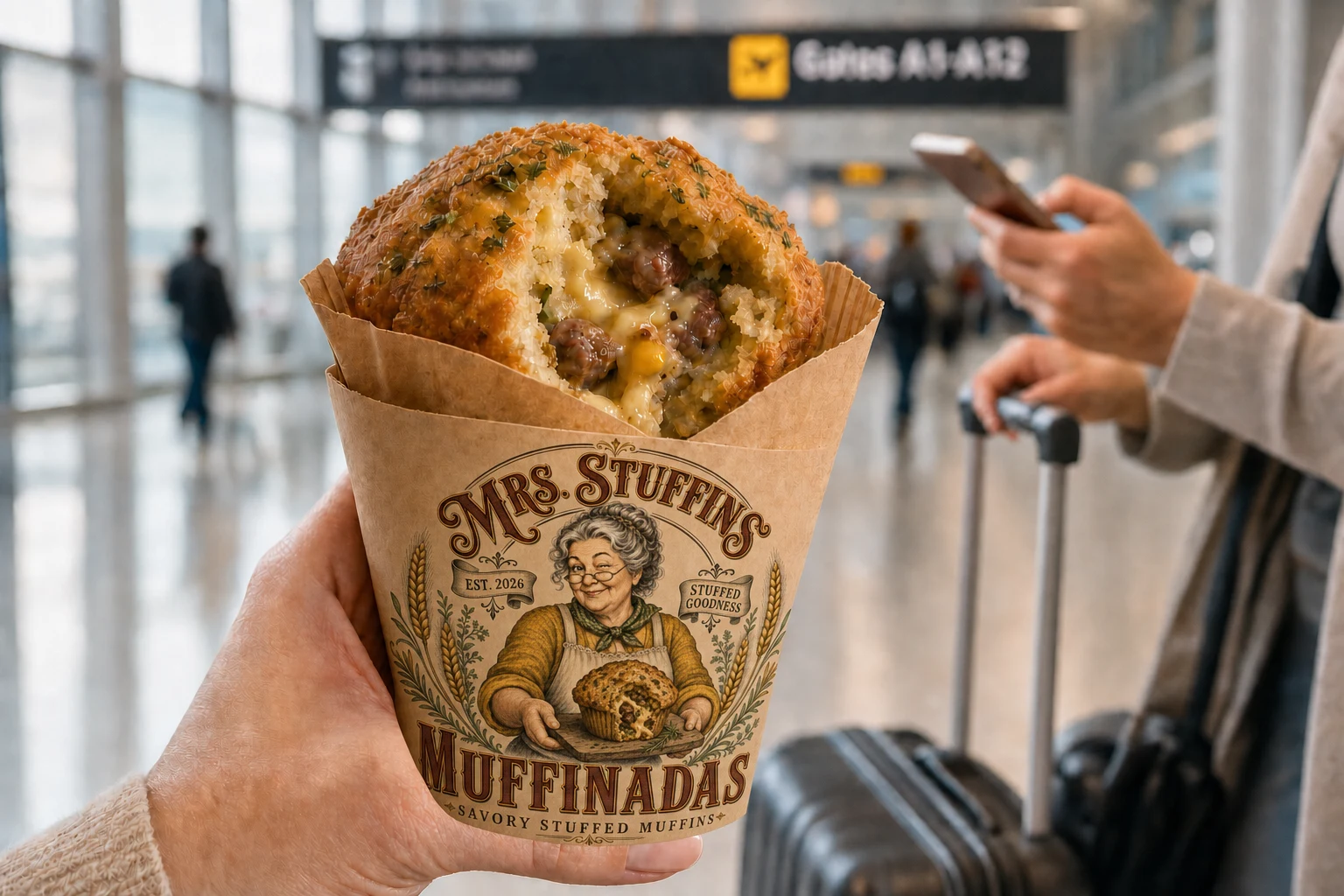 A hand peeling down the wrap of a stuffed muffin one-handed