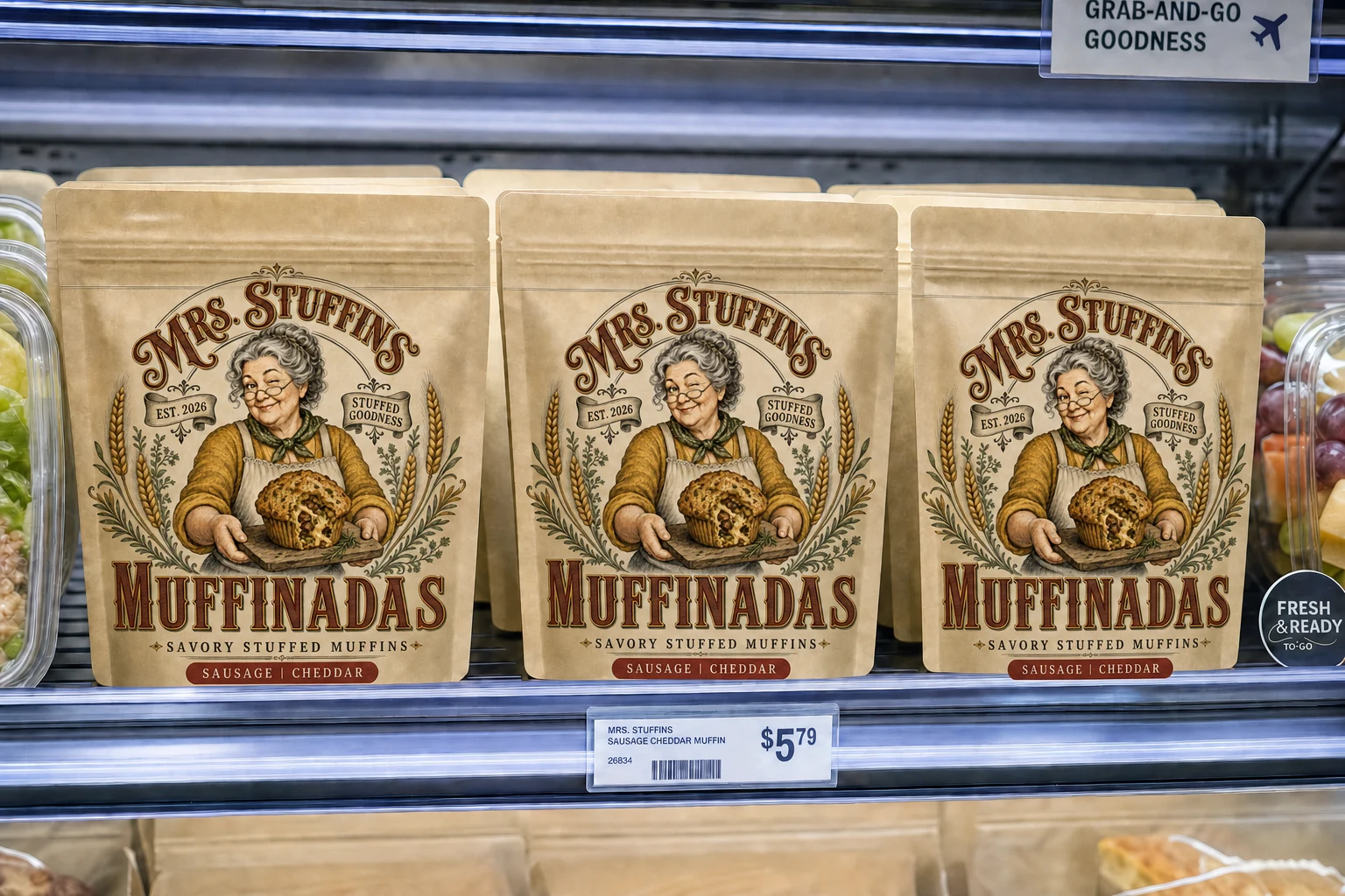 Resealable Mrs. Stuffins pouches lined up in an airport grab-and-go cooler
