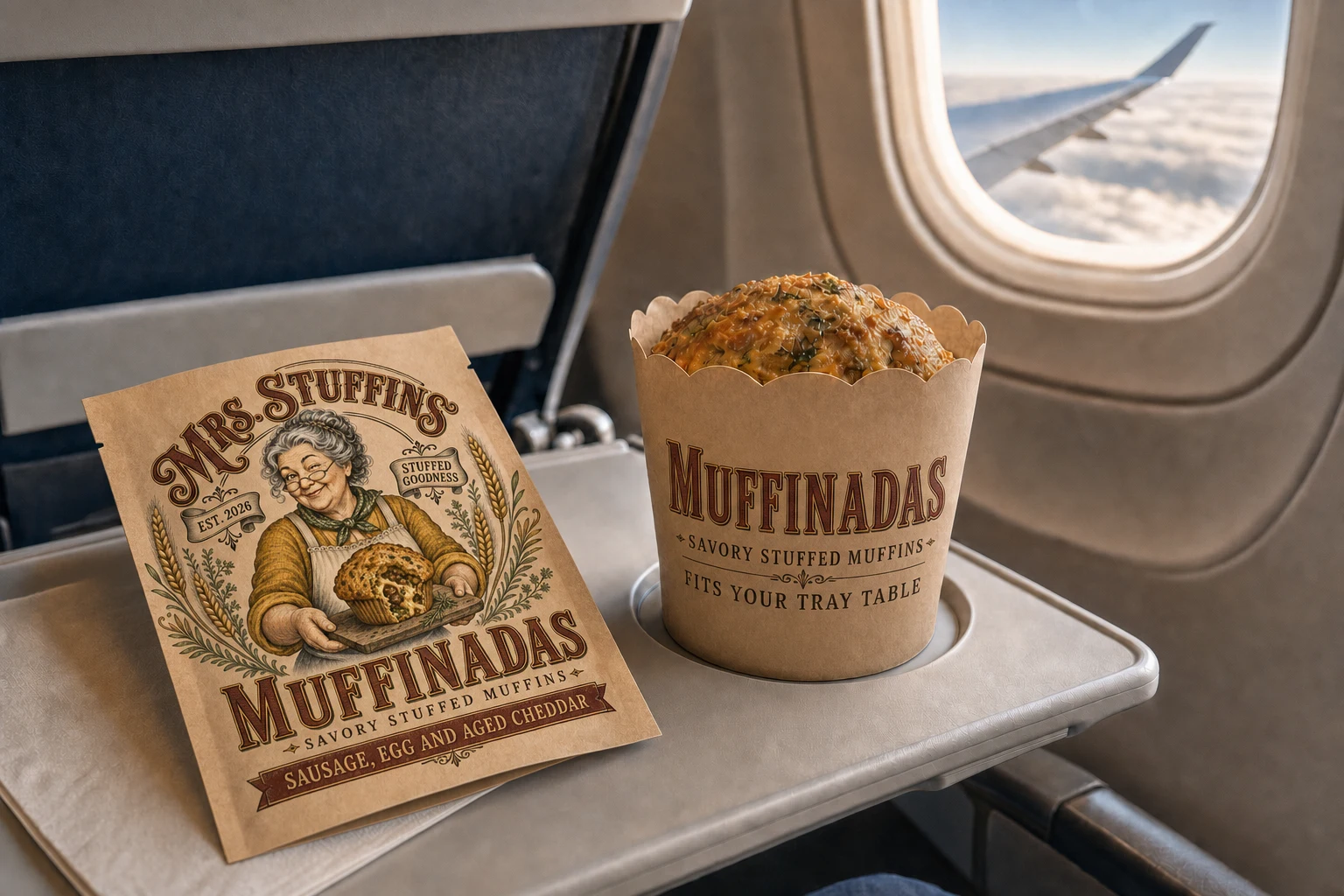 A stuffed muffin pack resting neatly on an airplane tray table next to a coffee cup